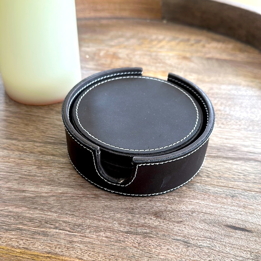 American Atelier Dark Brown Leather Coasters with Caddy Set of 6